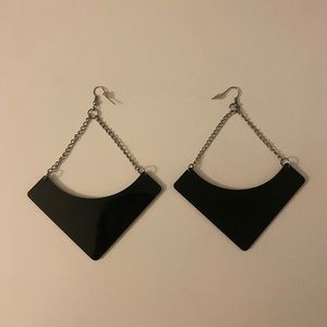 Black Geometric Statement Earrings Large Acrylic Triangle and Chain